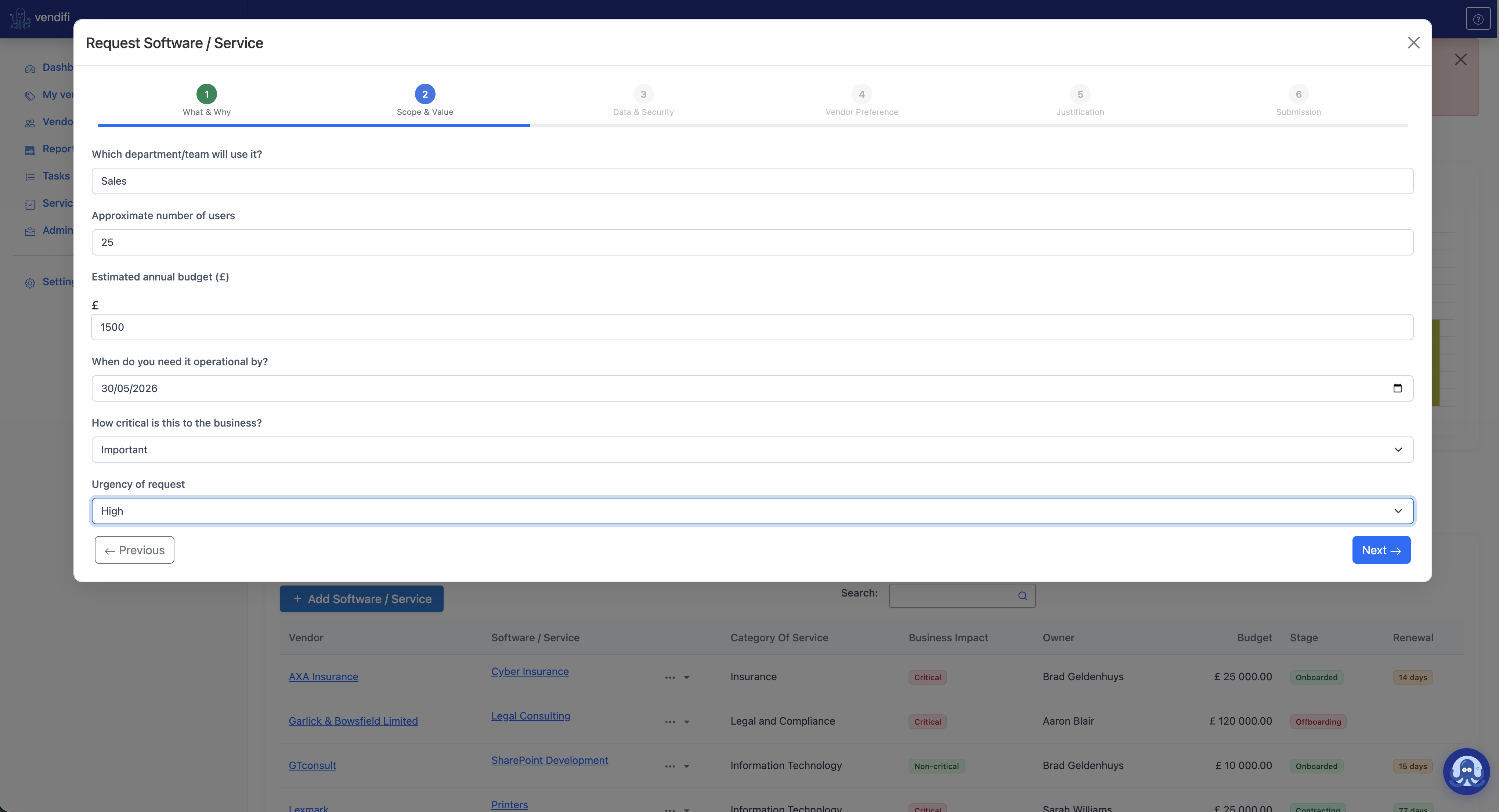 Step 3 of the service request wizard — data and security questions